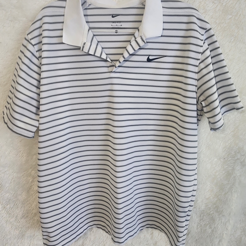 Nike Men's Dri-Fit White Black Gray Striped Polo Shirt
